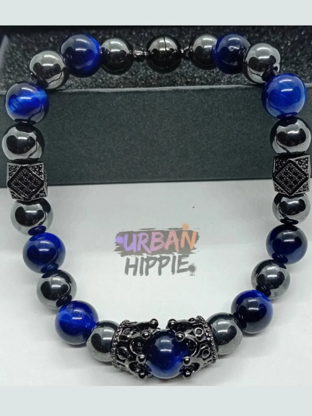 GEMSTONE Men's Double Crown Tiger's Eye & Hematite Beaded Bracelet Magnet Clasp
